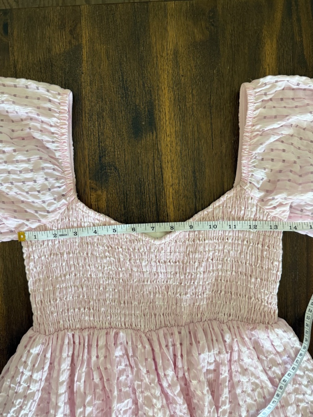 MABLE Pink Smocked Puff Sleeve Textured Check Tiered Babydoll Mini Dress Small - Picture 13 of 16